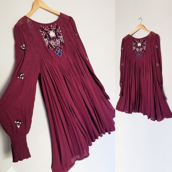 Free People Mohave Embroidered Daytime Mini Dress Babydoll Plum Burgundy M $148 - Picture 4 of 16